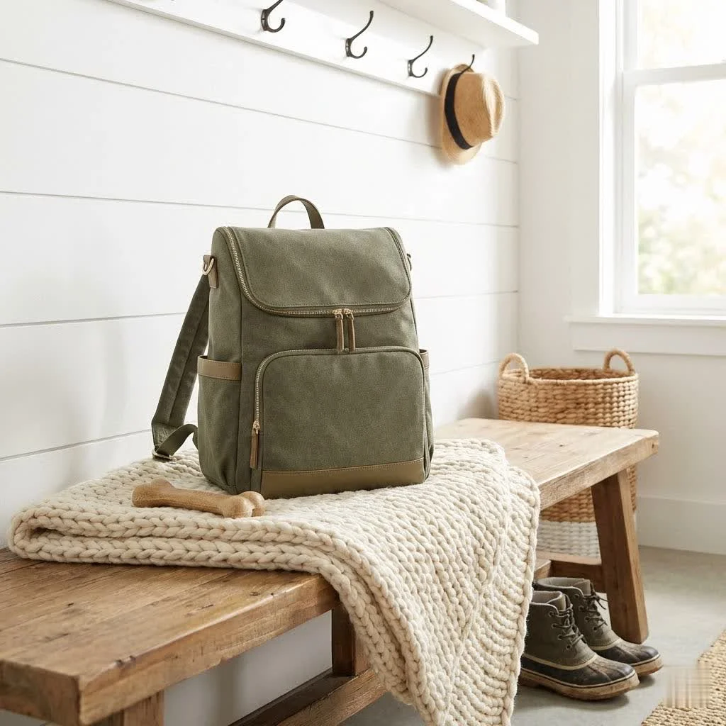 Parent holding a durable messenger diaper bag